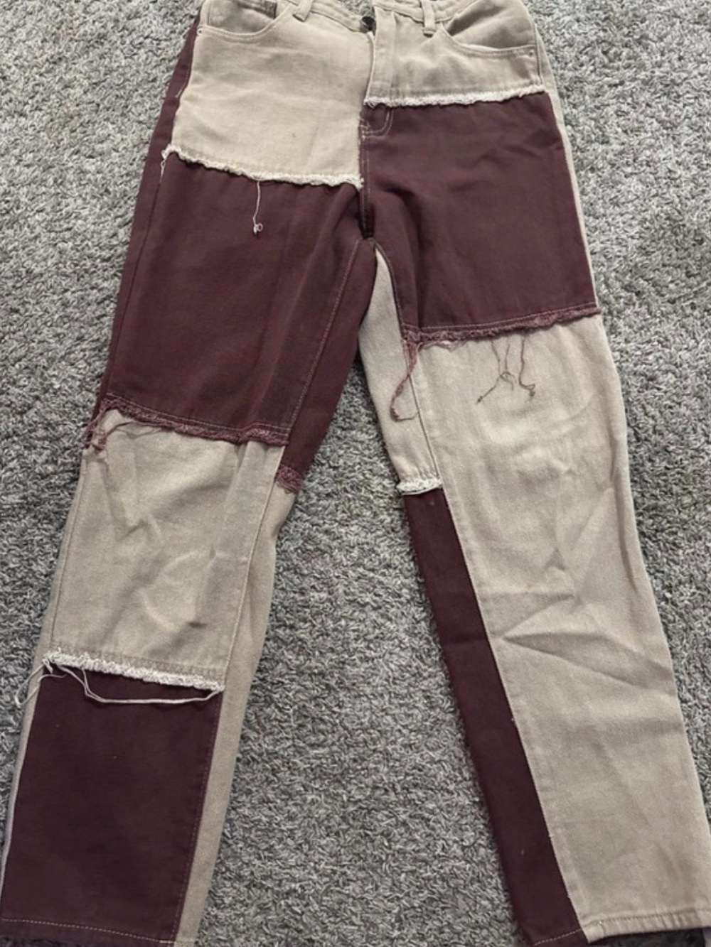 SHEIN Two-Tone Patchwork Straight-Leg Jeans in Beige & Maroon
